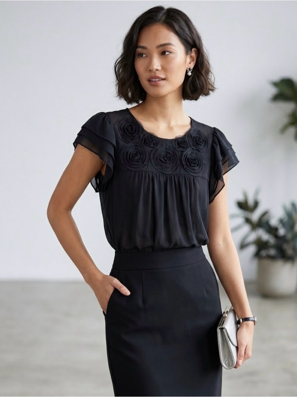 Max XL Black Floral Applique Layered Sleeve Blouse